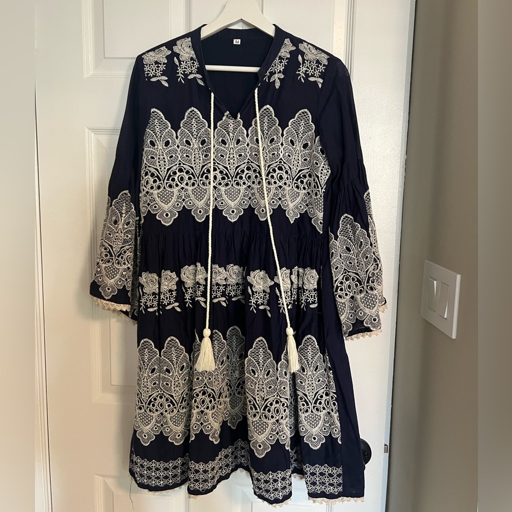 Navy and White Embroidered Dress
